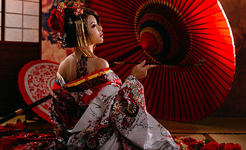 Beauty, umbrella, white, model, asian, parasol, geisha, girl, woman, red HD wallpaper