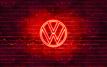 Volkswagen red logo, red brickwall, , Volkswagen new logo, cars brands, VW logo, Volkswagen neon logo, Volkswagen 2021 logo, Volkswagen logo, Volkswagen HD wallpaper