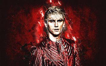 Machine Gun Kelly, American rapper, MGK, red stone background, Colson Baker, grunge art HD wallpaper