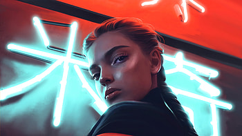 Girl In Ninja City, artist, artwork, digital-art, artstation, neon HD wallpaper