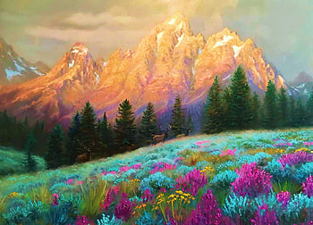 Summer Mountains, artwork, painting, trees, flowers, meadow, mountains HD wallpaper