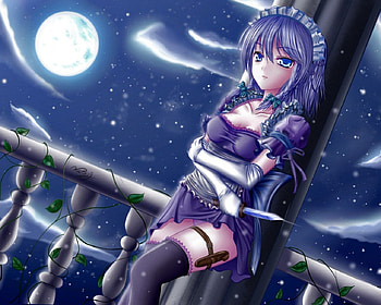 Touhou, night, blue eyes, art, gloves, stars, dress, anime, white hair, clouds, sky, leafs, knivesmoon HD wallpaper