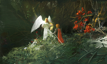 The knight and the angel, wings, art, luca xu, knight, angel, fantasy, flower, green, red, luminos, forest HD wallpaper