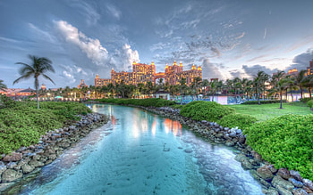 At the river, river, buildings, plants, landscape, nature, tree HD wallpaper