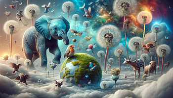 Enchanting Baby Animals Fantasy World, baby animal, elephant, bird, dandelion, fantasy HD wallpaper