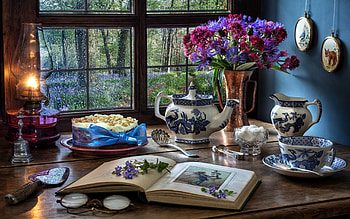 Still Life, window, lamp, book, pocelain, glasses, flowers HD wallpaper