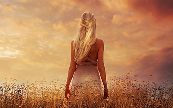 Daenerys Targaryen, blonde, girl, orange, fantasy, field, luminos, princess, game of thrones HD wallpaper