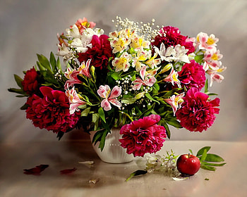 Flowers, Apple, Peonies, Still Life, Gypsophilus, Gipsophile, Vase HD wallpaper