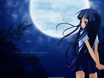 Furude Rika, night, rika, furude, when they cry, higurashi no naku koro ni, blue hair, girl, long hair, character, anime, moon, higurashi, female HD wallpaper