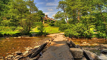 tarr steps a bridge on the river barle england, river, lawn, house, trees, bridge, stones HD wallpaper