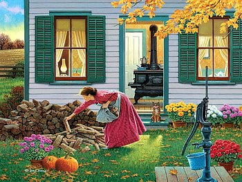 Gathering, pumpkins, painting, house, garden, flowers, woman HD wallpaper