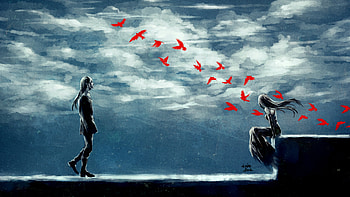 Clouds Anime Girl and Boy, anime, alone, anime-boy, anime-girl, birds, art, artist, digital-art HD wallpaper