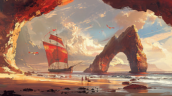 Fantasy Beach Adventure: Mystic Ship and Rocky Arch, beach, fantasy, ship, fantasy adventure, coast HD wallpaper