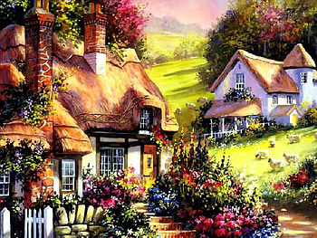 Country Village, hills, windows, art, picket fence, roofs, chimneys, steps, grass, painting, cottages, sheep, trees, flowers, sky HD wallpaper