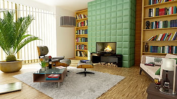 Elegant modern living room featuring stylish decor, bookshelves, and a cozy fireplace. HD wallpaper