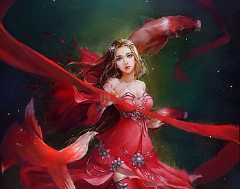 Zodiac ~ Pisces, frumusete, asian, girl, koi, summer, pisces, fantasy, zodiac, pesti, red, fish, luminos, vara HD wallpaper