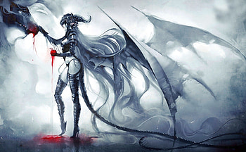 Demon girl, colorful, art, girl, beautiful, beauty, dark, demon, hell, fantasy, dragon, apple, blck HD wallpaper