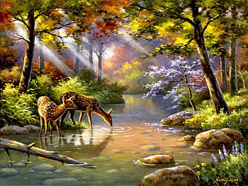 Forest paradise, Rays, Stream, Glow, Painting, River, Sunshine, Deer HD wallpaper