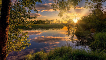 Sunset at the river, sky, water, reflections, landscape, clouds, trees HD wallpaper
