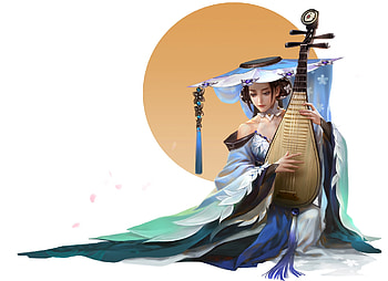 Sunset song, frumusete, instrument, asian, fantasy, huazha l, girl, hat HD wallpaper