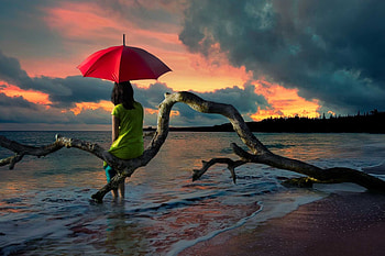sea, umbrella, girl, abstract HD wallpaper