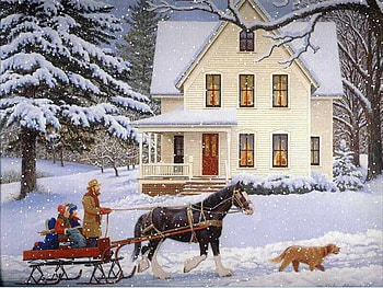 Hurry Up Let's Go, winter, dog, horse, homestead, bundled, snow, snowing, trees, ride, road, children, house, country, charming, sleigh, pine, father, lovely, memories, home HD wallpaper