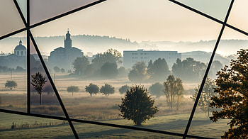 Foggy Morning: Misty Village Dawn, fog, church, landscape, field HD wallpaper