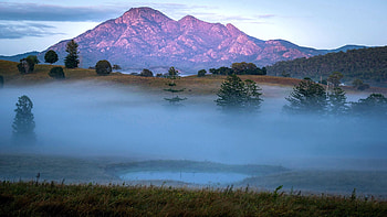 Pre-dawn alpine glow lights Mt. Barney, Scenic Rim, Queensland, mist, australia, clouds, trees, sky, mountain HD wallpaper