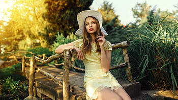 Girl Model Is Sitting On Wood Bridge Wearing Light Yellow Dress And Hat In Nature Background Girls HD wallpaper