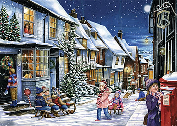 Playtime in the Snow, jigsaw, Christmas, snow, playing, children, town HD wallpaper