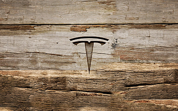 Tesla wooden logo, , wooden backgrounds, cars brands, Tesla logo, creative, wood carving, Tesla HD wallpaper