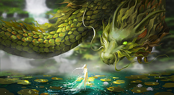 Green dragon, art, fantasy, green, dragon, girl, mini, giant, ngoc tran, luminos HD wallpaper