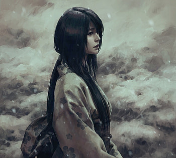 Girl, frumusete, zhongweidong, kimono, art, asian, gorgeous, bw, superb HD wallpaper