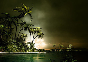 Approaching Storm, artwork, waves, fantasy, green, water, palm trees, ocean, beach HD wallpaper