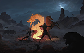 Fire dragon, night, fantasy, mehmet ozen, man, dragon, fire, dark HD wallpaper