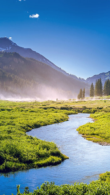 USA Colorado landscape, Stream and field, Sunlight through trees, Cloudy skies HD phone wallpaper