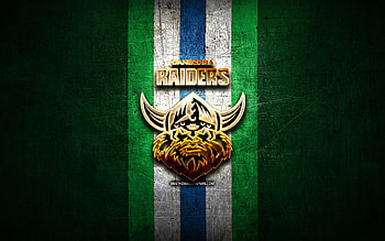 Canberra Raiders, golden logo, National Rugby League, green metal background, australian rugby club, Canberra Raiders logo, rugby, NRL HD wallpaper