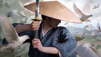 Samurai, hat, art, sword, dove, asian, bird, man, otto metzger, fantasy, katana, pasari HD wallpaper