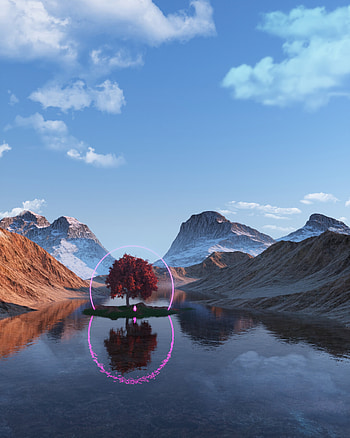 Mountains, Lake, Reflection, Wood, Tree, 3D, Neon, Ring HD phone wallpaper