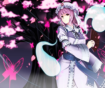 Night Butterfly, night, cute, dress, butterfly, wing, flower, magical, short hair, hat, sexy, wings, magic, red eye, hot, girl, pink hair, fan, tree, anime girl, pink, plant, anime, fantasy, light, touhou HD wallpaper