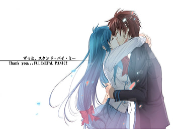 Passion's Embrace, Anime Girl, Blue Hair, Anime Couple, Kiss, Full Metal Panic, Anime, Love, Seifuku, Embrace, School Uniform, Eyes Closed, Couple, Long Hair, Anime Guy HD wallpaper