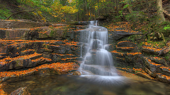 Autumn Waterfall, river, leaves, fall, colors, Cascades, trees, forest HD wallpaper