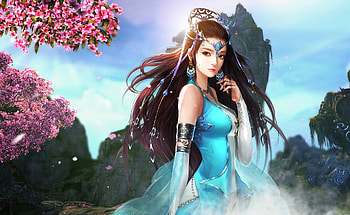 Beauty, blue, art, beautiful, girl, dress, cherry blossoms HD wallpaper