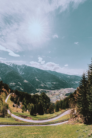 Landscape, Nature, Trees, Mountains, Sun, Road, Slope HD phone wallpaper