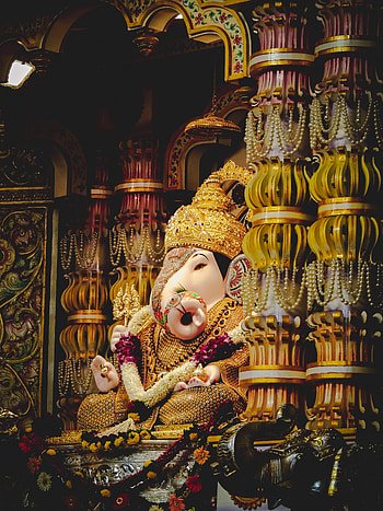 Gold, Miscellanea, Miscellaneous, Statuette, Golden, Deity, Column, Columns, Religion, Ganesha, God HD phone wallpaper