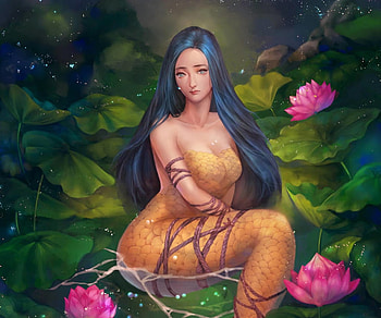 Mermaid, girl, edenchang, pink, fantasy, yellow, flower, green, luminos, lotus HD wallpaper