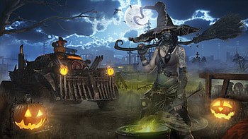 Halloween arrival, night, train, dark, witch, pumpkin HD wallpaper