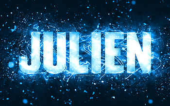 Happy Birtay Julien, , blue neon lights, Julien name, creative, Julien Happy Birtay, Julien Birtay, popular american male names, with Julien name, Julien HD wallpaper