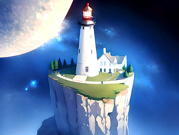 A lighthouse on top of a cliff with the moon, night, AI Art, Anime, landscape, anime landscape, anime night HD wallpaper