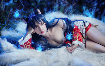 Ahri, red, blue, model, asian, cosplay, girl, fox HD wallpaper